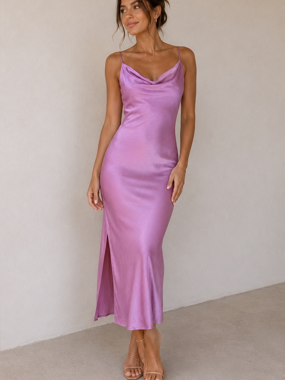Ciebon Pink Satin Cowl Neck Slip Maxi Dress Medium